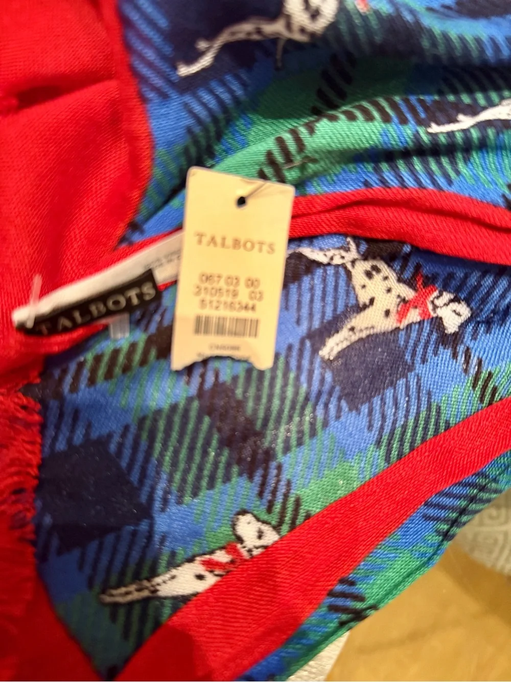 NEW Talbots Blue & Green Tartan Dalmatian Dog-Print Pet Scarf 72”z12” Red Trim